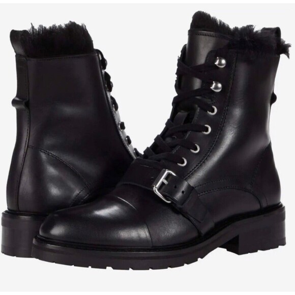 AllSaints Donita Black Leather Shearling Fur Lined Combat Boots Sz 41/US 11 New - Picture 1 of 9